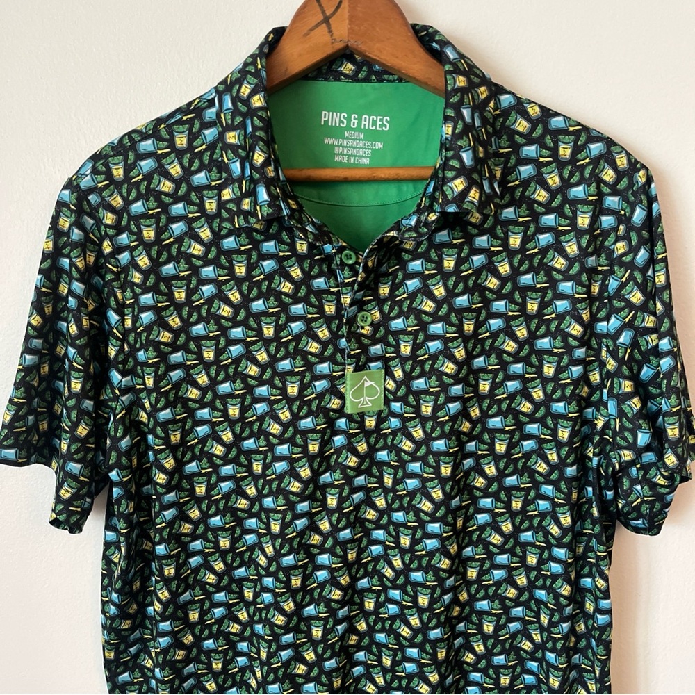 Pins & Aces Bold All Over Print Lime Beer Drink Vacation Fun Golf Polo Shirt M